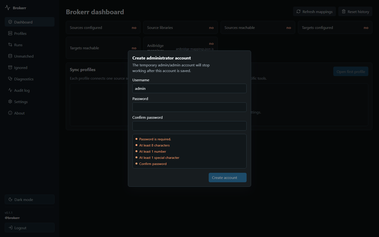 Brokerr administrator setup dialog on a clean installation