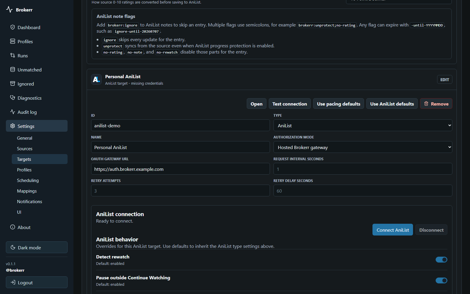 AniList target configured to use the hosted Brokerr OAuth gateway