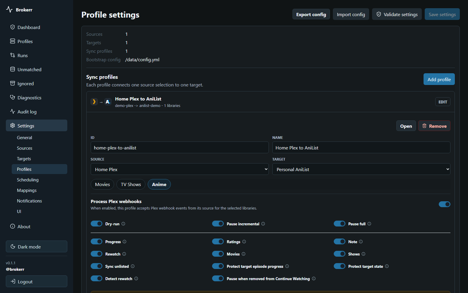 Profile editor with dry-run, schedule pauses, and supported AniList rules